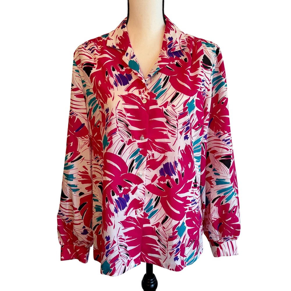 Long Sleeve Button‎ Blouse Large Awesome Neon Monstera Leaf Pattern Vintage 80s